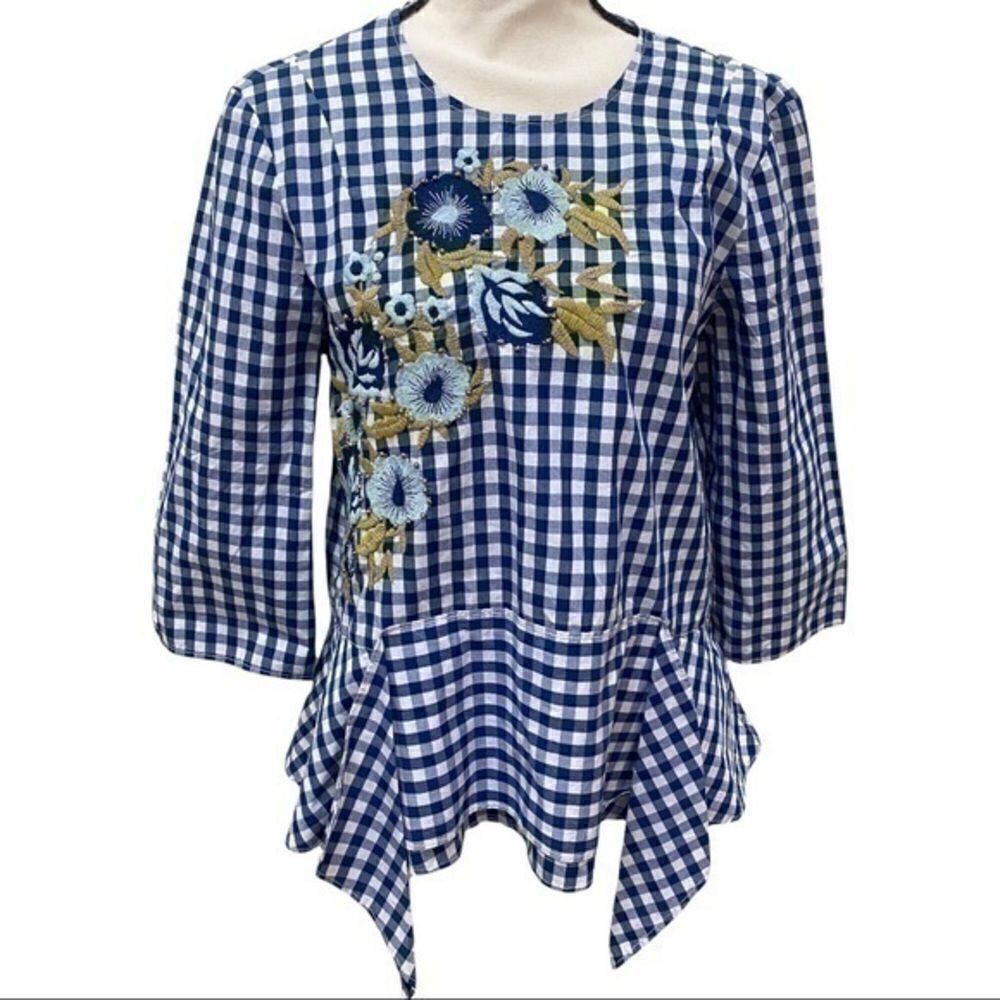 Zara Blue White Gingham Check Floral Blouse S